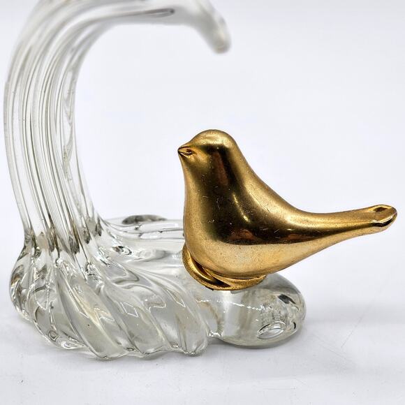 MCM Home Decor Accent - Vintage Brass Birds on Clear Art Glass Wave - Picture 3 of 7